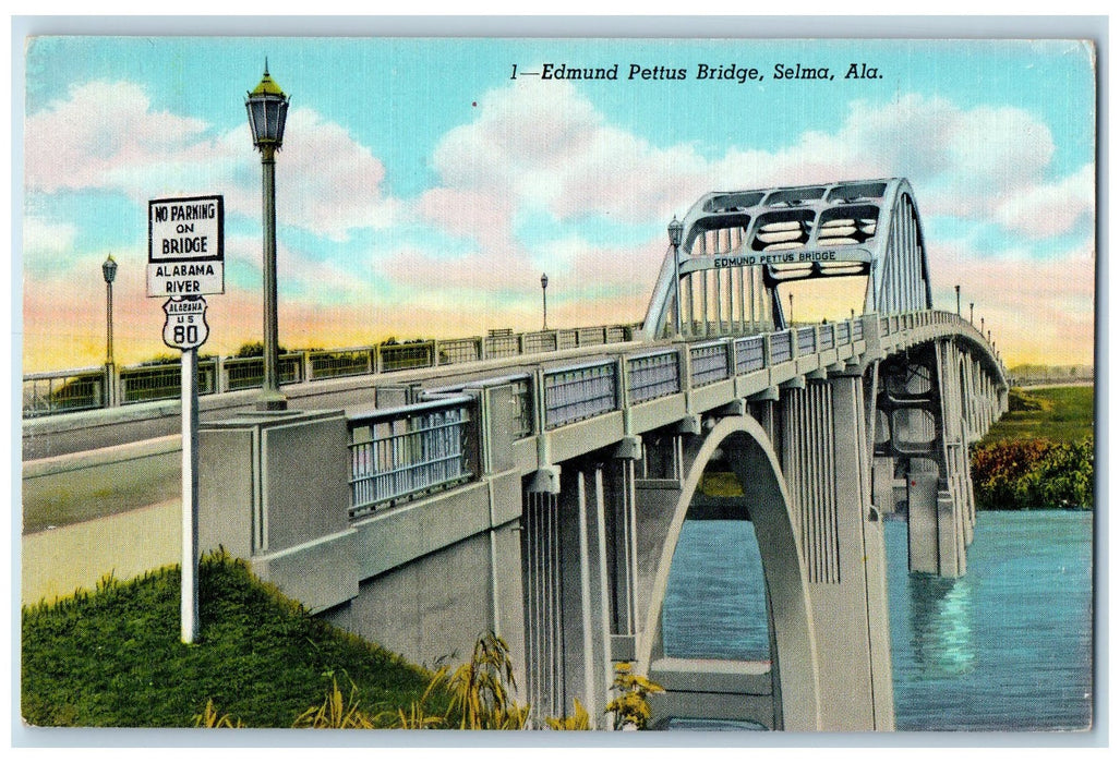 c1950's Edmund Pettus Bridge River Arch Street Lamp Selma Alabama AL Postcard