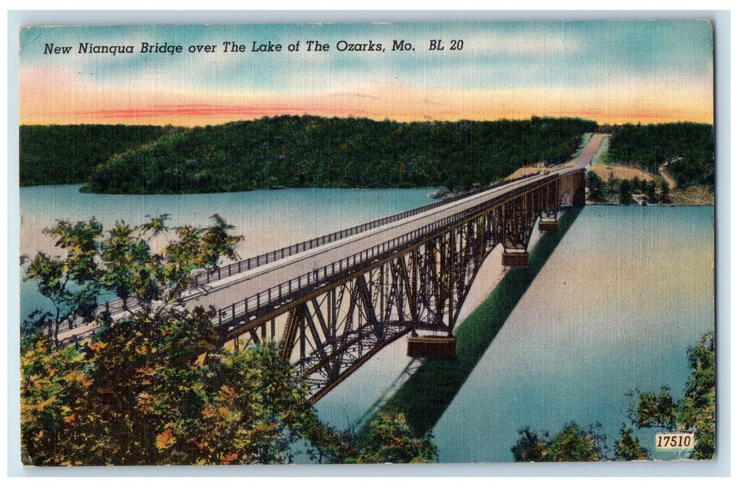 1955 New Nianqua Bridge Over Lake Of The Ozarks Missouri MO Posted Tree Postcard