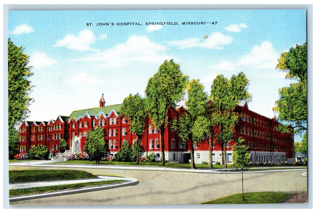 c1940's St. John's Hospital Exterior Roadside Springfield Missouri MO Postcard