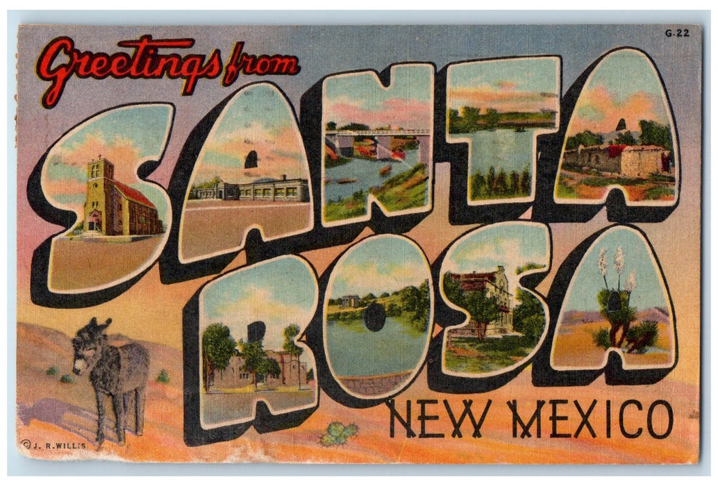 1959 Greetings From Santa Rosa New Mexico Composite View Donkey Lake NM Postcard