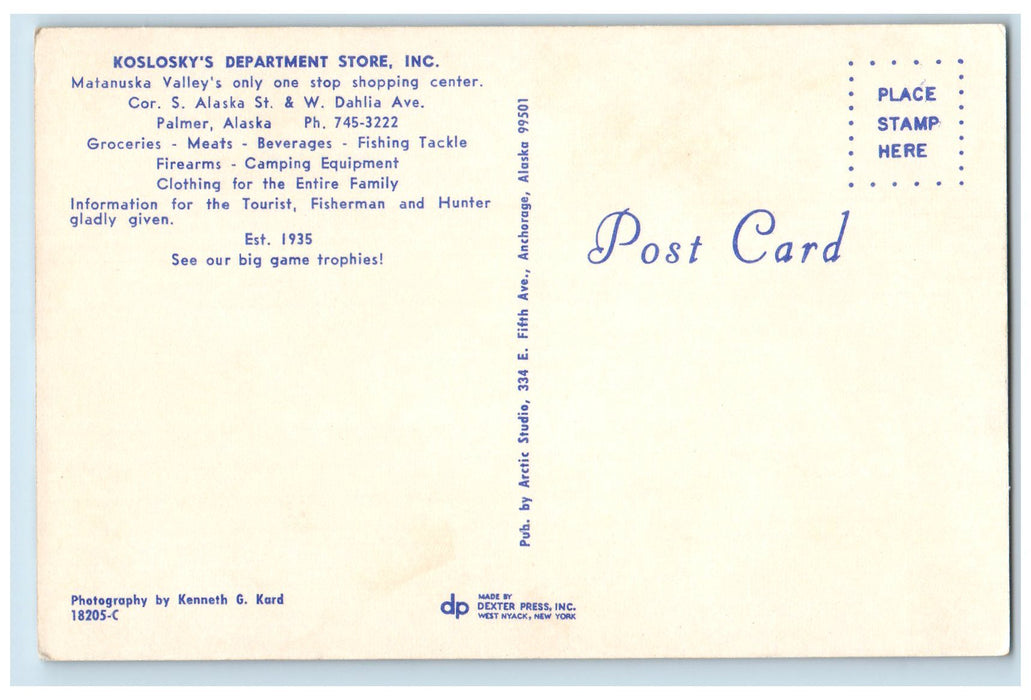 c1950's Koslosky's Dept. Store Groceries Beverages Palmer Alaska AL Postcard