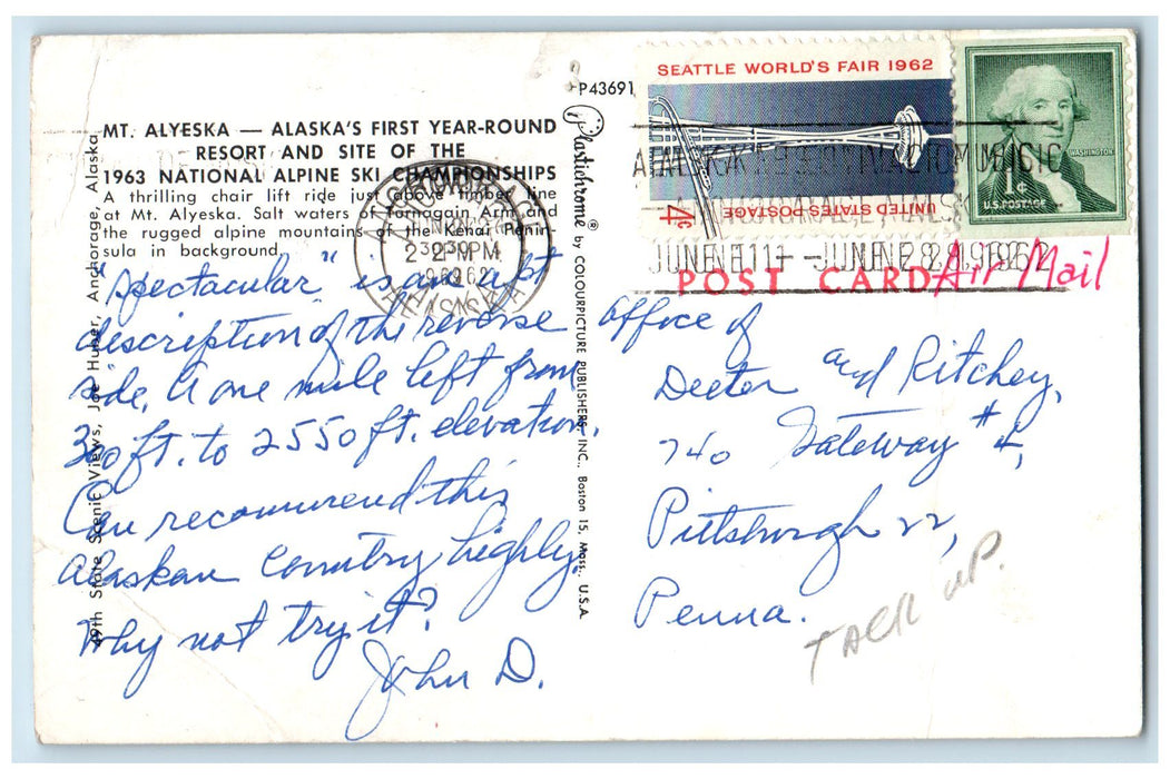 1962 Mt. Alyeska First Year Round Resort & Site Restaurant Sky Ride AL Postcard