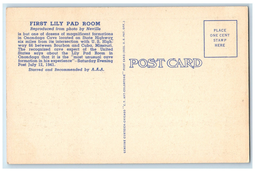 c1940's First Lily Pad Room Onondaga Cave Leasburg Missouri MO Unposted Postcard