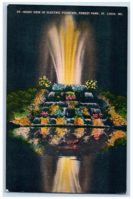 c1940's Night View Electric Fountain Forest Park St. Louis Missouri MO Postcard