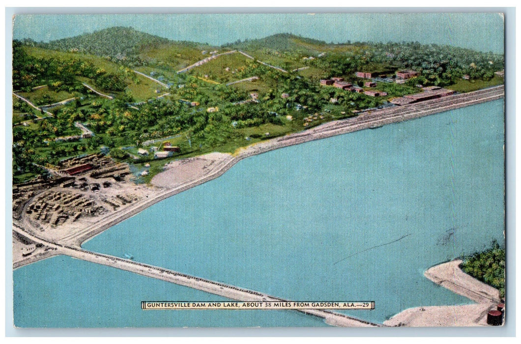 c1950's Guntersville Dam & Lake Bridge Aerial View Gadsden Alabama AL Postcard