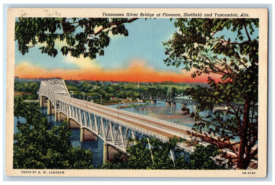 c1940's Tennessee River Bridge At Florence Sheffield Tuscumbia View AL Postcard