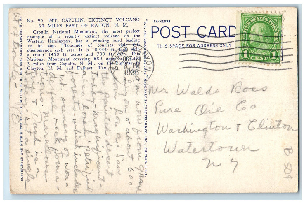 1936 Mt. Capulin Extinct Volcano Dirt Roads Views Raton New Mexico NM Postcard