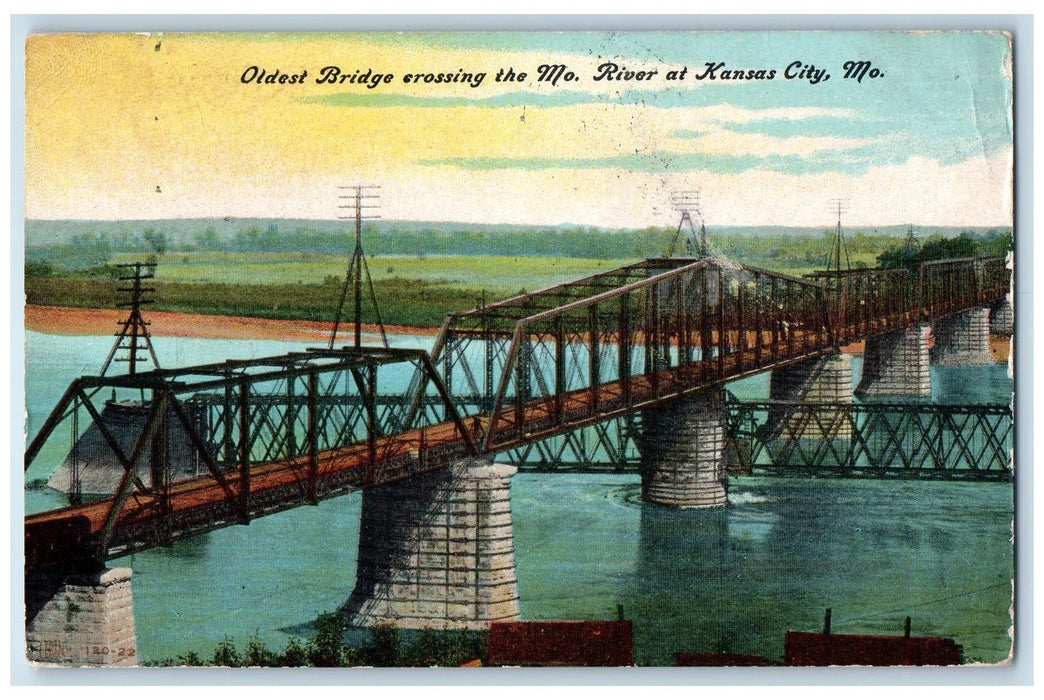 1909 Oldest Bridge Crossing The Missouri River Kansas City Missouri MO Postcard