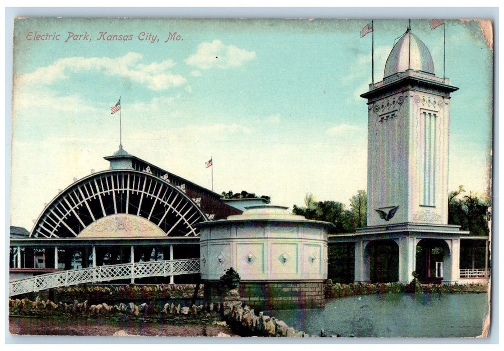 1909 Electric Park Flags Scene Kansas City Missouri MO Posted Vintage Postcard