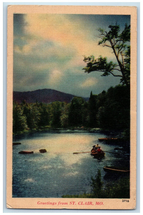 1944 Greetings From St. Claire Canoeing Scene Missouri MO Posted Trees Postcard