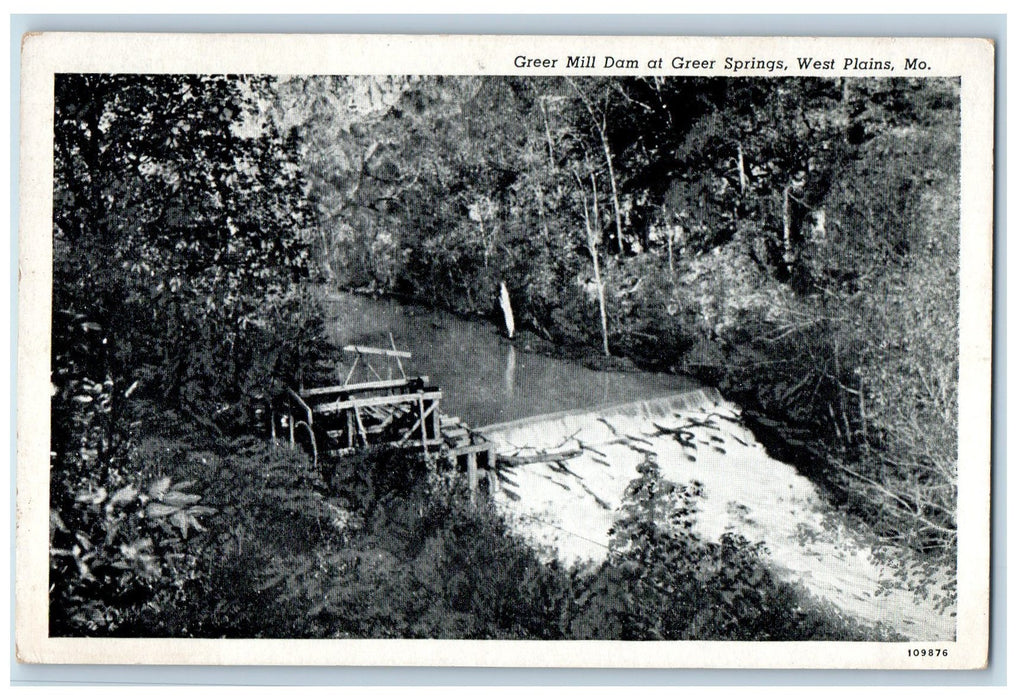 c1940s Greer Mill Dam At Greer Springs West Plains Missouri MO Unposted Postcard