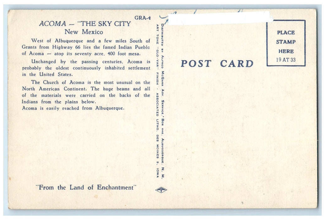 c1940's Acoma The Sky City Famous Mission Enchanted Mesa New Mexico NM Postcard