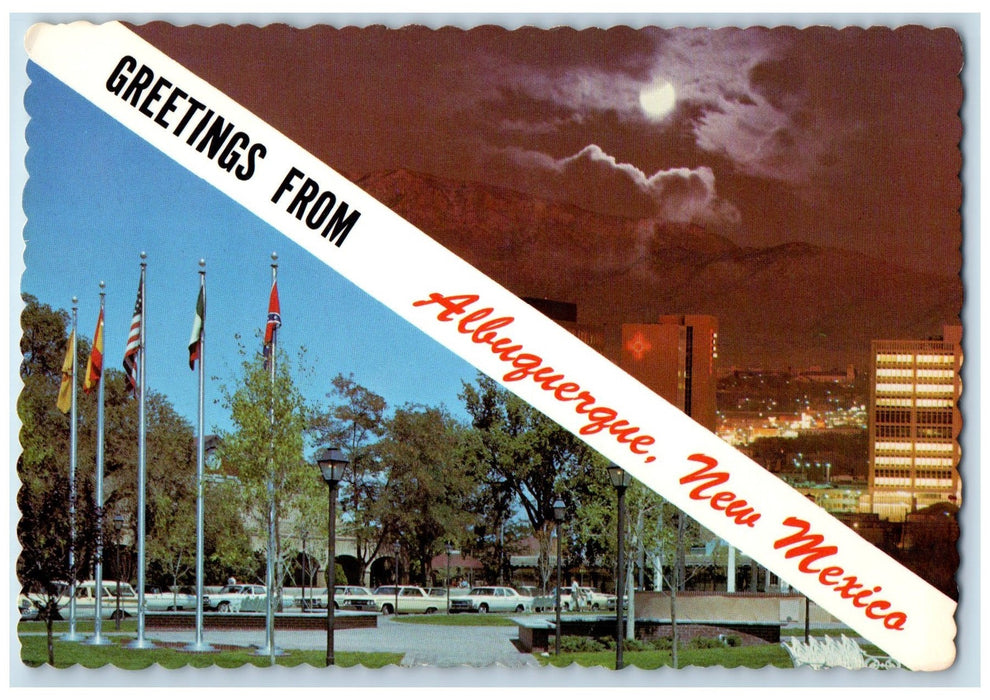 c1950's Greetings From Albuquerque Moon Over Sandia Old Town Park NM Postcard