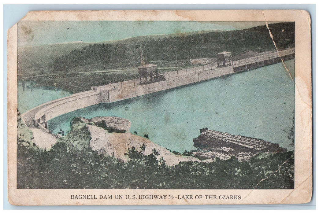 c1920s Bagnell Dam On U. S. Highway Lake Of The Ozarks Missouri MO Tree Postcard