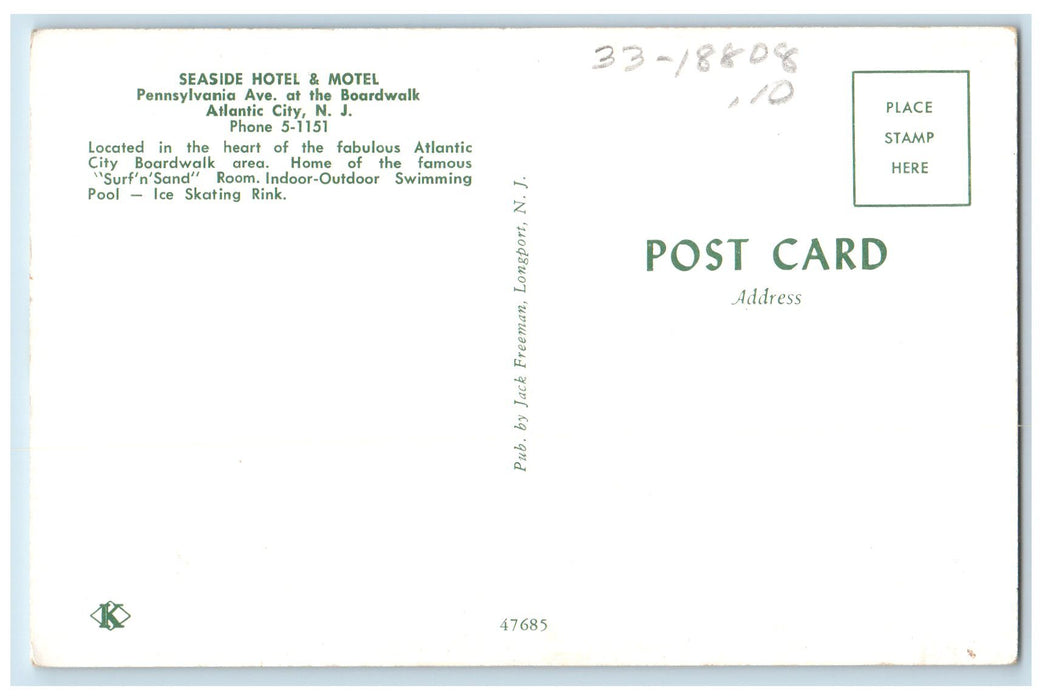 c1950's Seaside Hotel Motel At Boardwalk Restaurant Atlantic City NJ Postcard