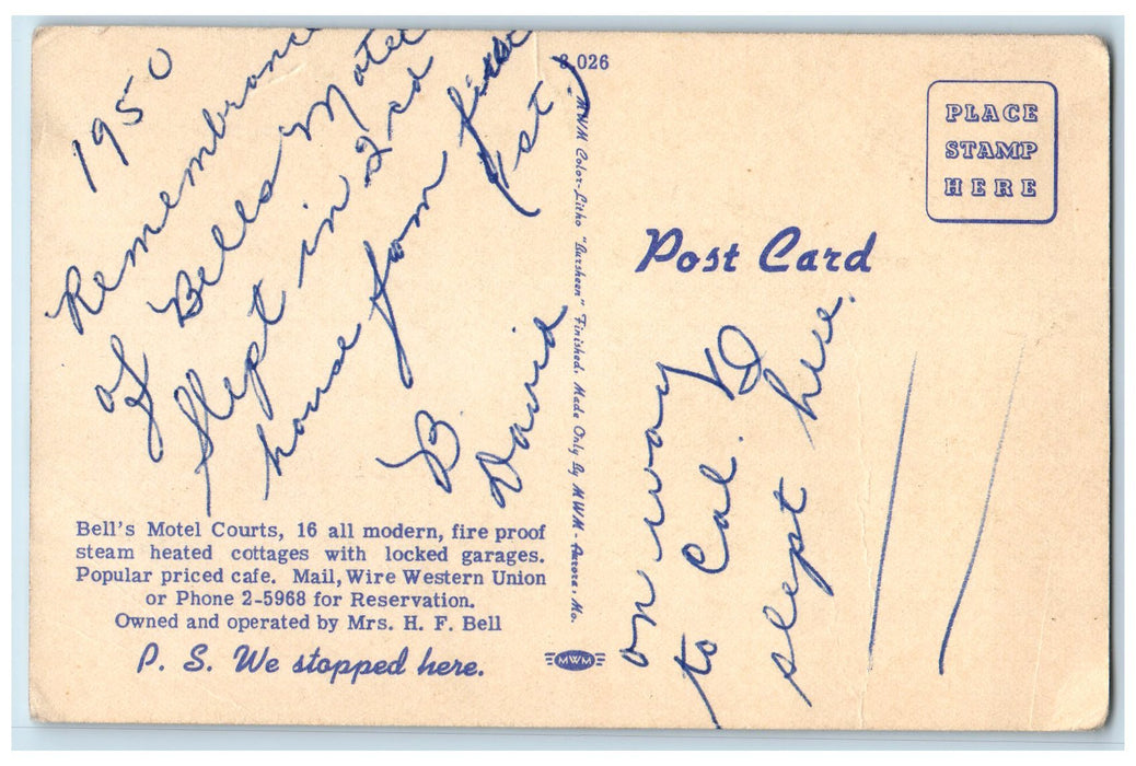 c1940s Bell's Motel Courts Roadside Springfield Missouri MO Unposted Postcard