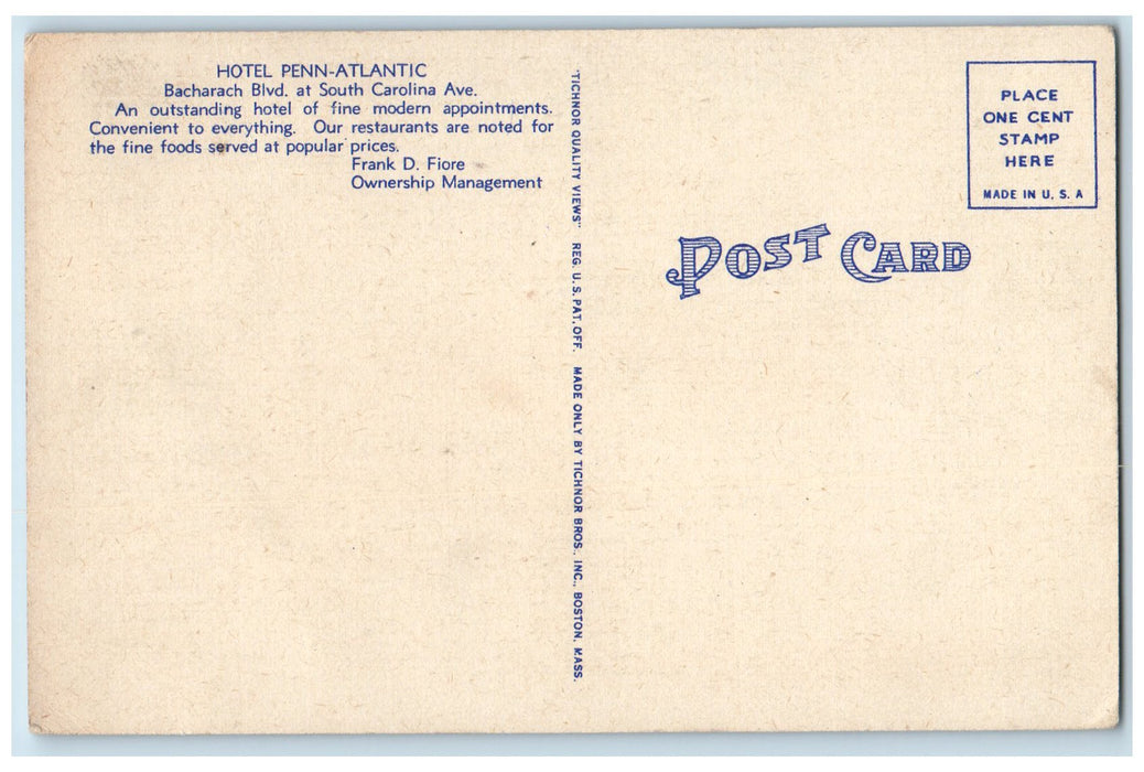 c1940 Hotel Penn Atlantic Restaurant Building Entrance Atlantic City NJ Postcard