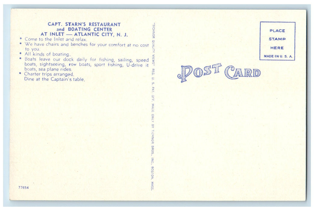 c1950 Capt Starns Restaurant Boating Center Atlantic City New Jersey NJ Postcard