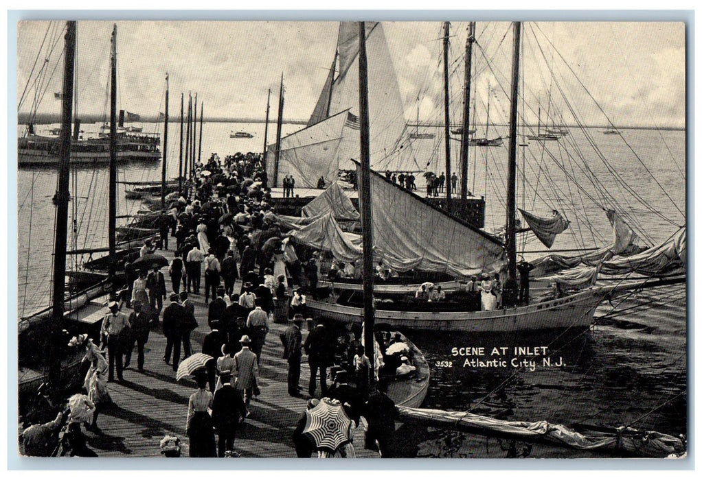 c1950's Scene At Inlet Crowd Sailboats Dock Atlantic City New Jersey NJ Postcard