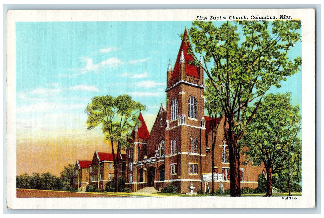 c1940's First Baptist Church Exterior Roadside Columbus Mississippi MS Postcard