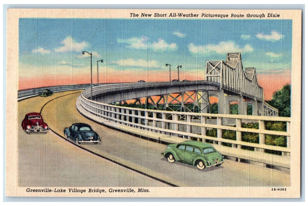 c1940's Greenville Lake Village Bridge Greenville Mississippi MS Cars Postcard
