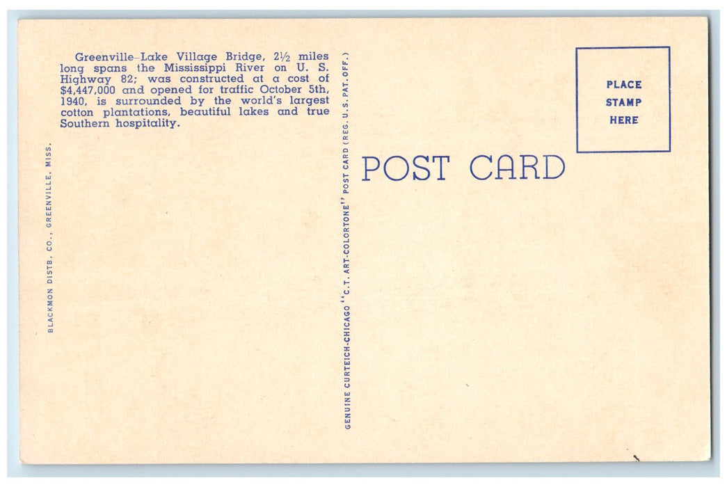 c1940's Greenville Lake Village Bridge Greenville Mississippi MS Cars Postcard