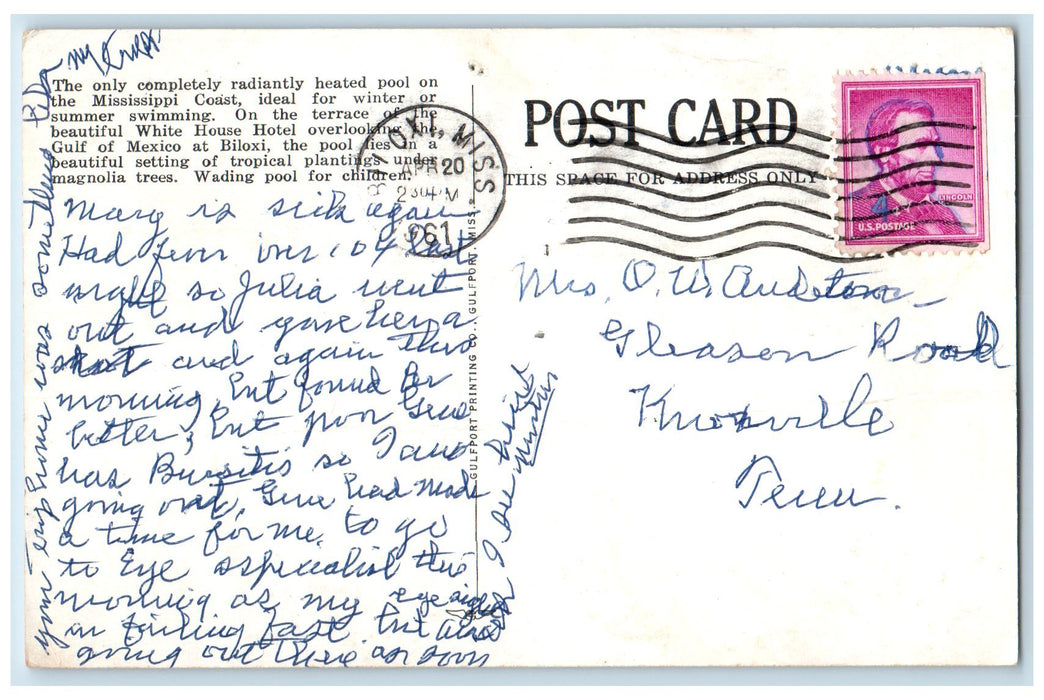 1961 Swimming Pool On Terrace Of The White House Biloxi Mississippi MS Postcard