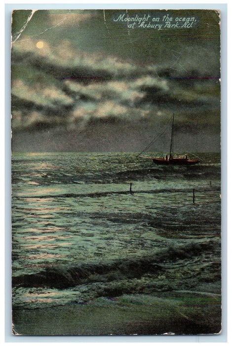 1913 Moonlight On The Ocean Sailboat Waves Ashbury Park New Jersey NJ Postcard