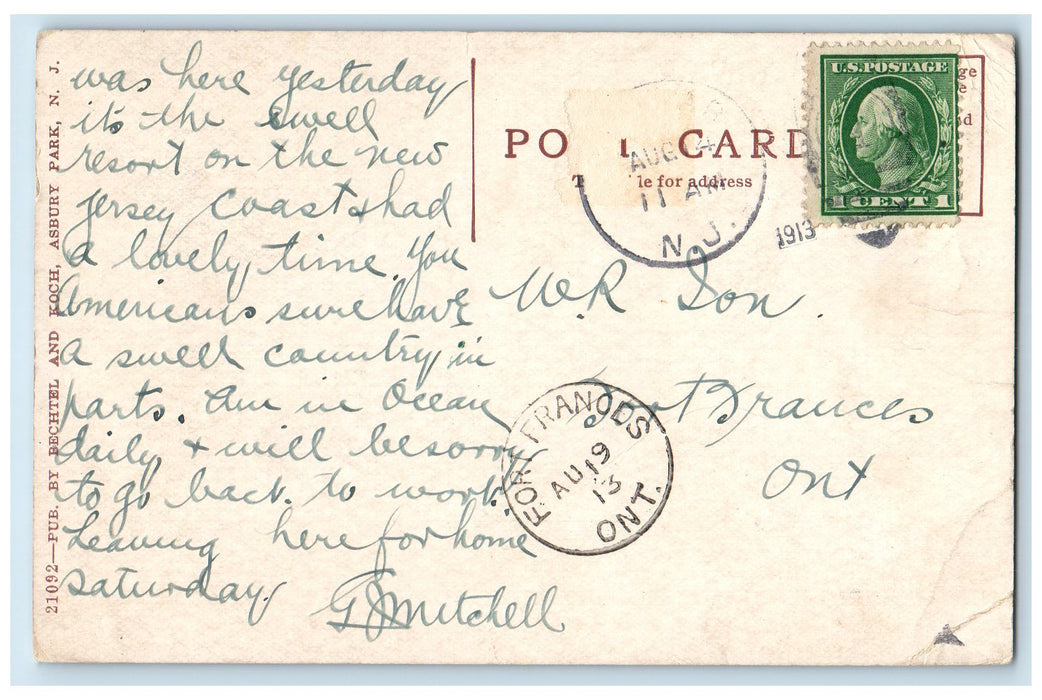 1913 Moonlight On The Ocean Sailboat Waves Ashbury Park New Jersey NJ Postcard