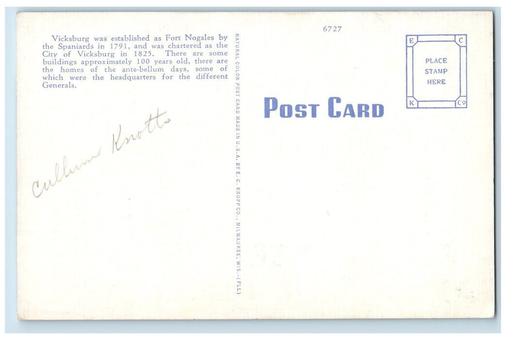 c1940s Fort Nogales From Indian Mound Vicksburg Mississippi MS Unposted Postcard