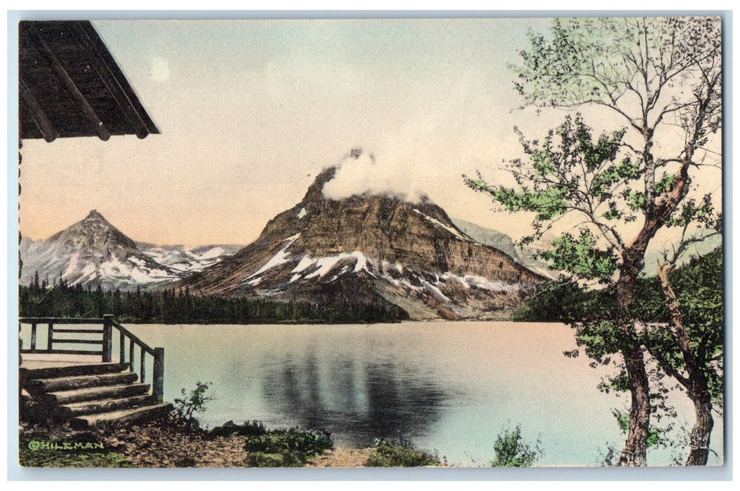 c1960s Two Medicine Lake From Chalets Glacier County Montana MT Snow Postcard