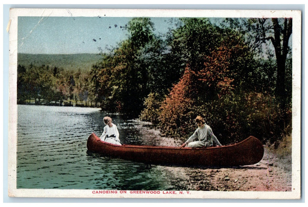 1921 Canoeing Tourists On Lakeside Boating Greenwood Lake New York NY Postcard