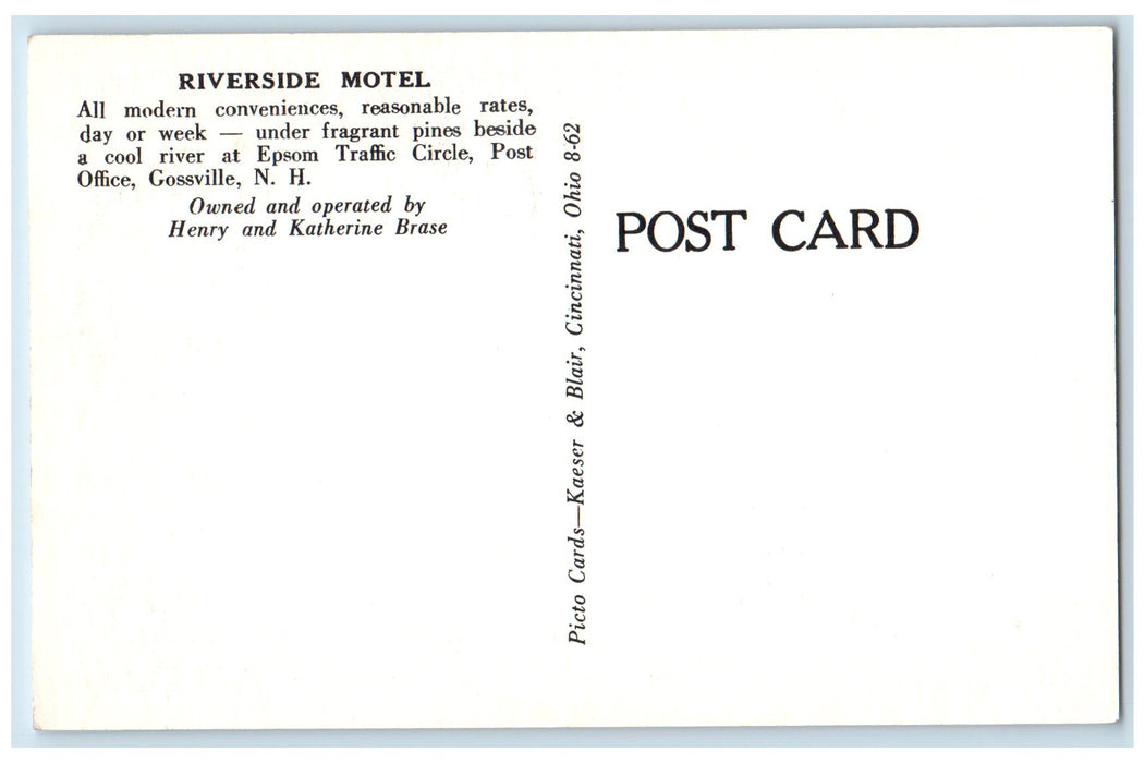 c1960's Riverside Motel Exterior Gossville New Hampshire NH Unposted Postcard