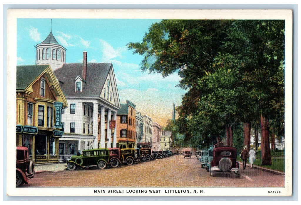 c1940s Main Street Looking West Littleton New Hampshire NH Drugstore Postcard