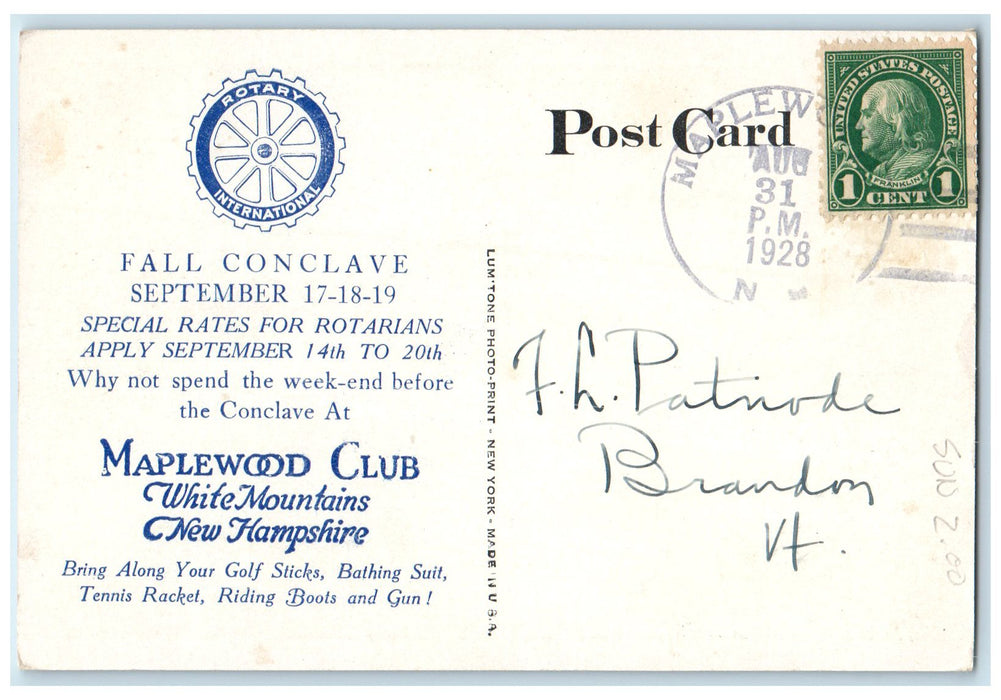 1920 Maplewood Club White Mountains New Hampshire NH Posted Vintage Postcard