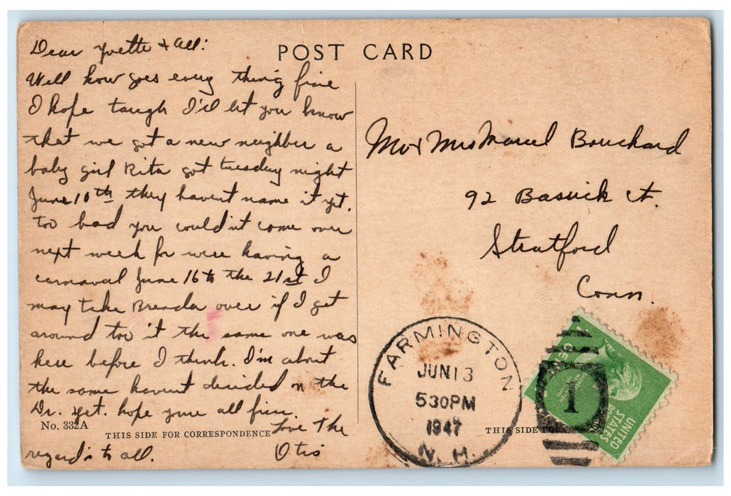 1947 Town Hall Exterior Roadside Farmington New Hampshire NH Posted Postcard