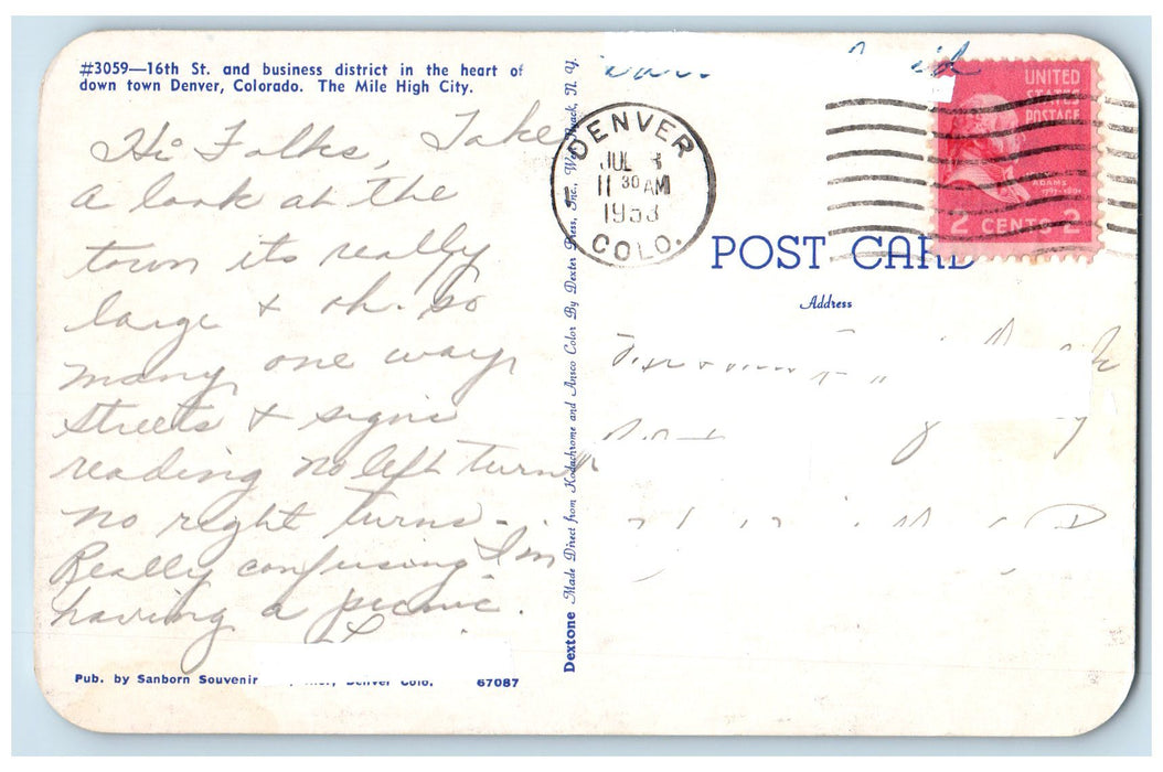 1953 The Mile High City Business District Denver Colorado CO Posted Postcard