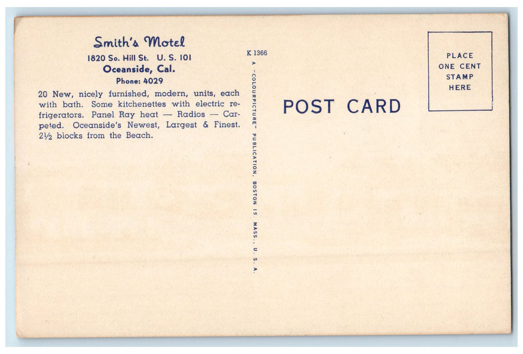 c1940s Smith's Motel Exteior Roadside Oceanside California CA Unposted Postcard