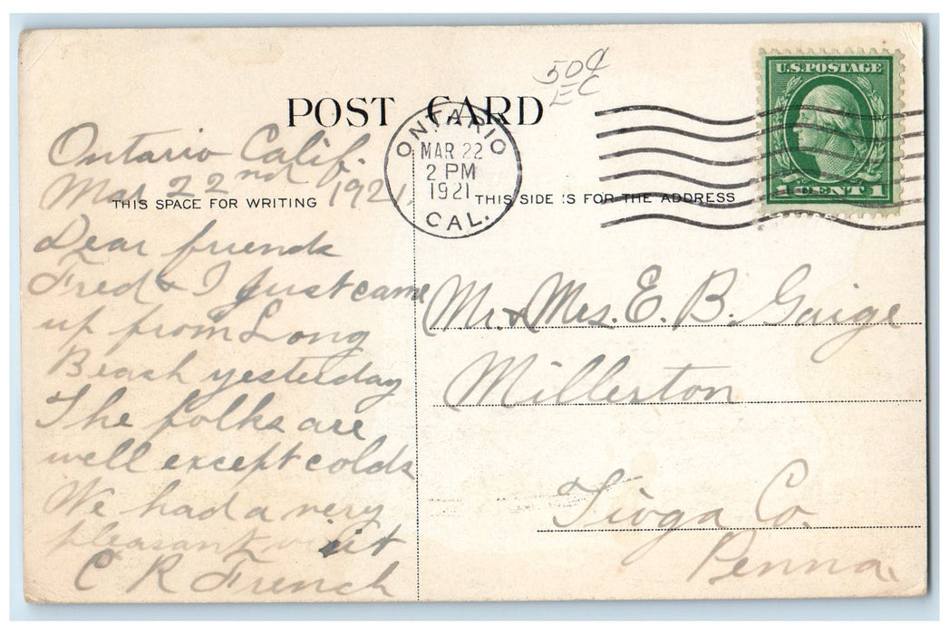 1921 South Side Grammar School Exterior Ontario California CA Posted Postcard