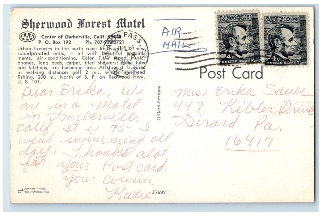 1970 Sherwood Forest Motel Garberville California CA Posted Fountain Postcard
