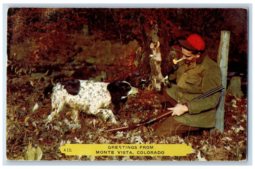 1952 Greetings From Monte Vista Man And Dog Scene Colorado CO Posted Postcard