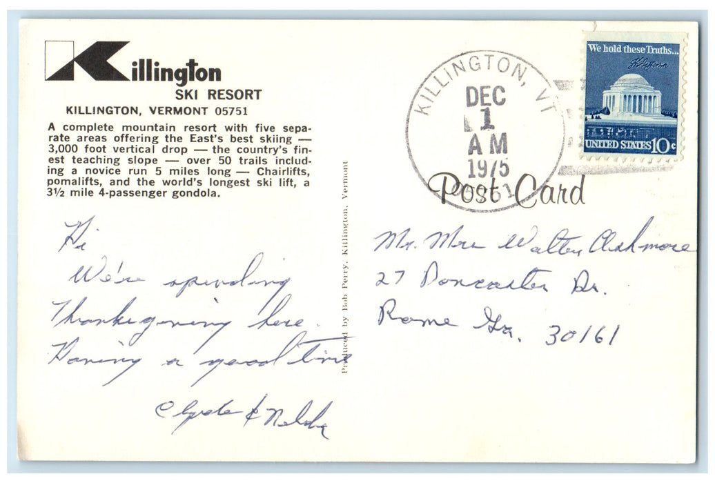 1975 Killington Ski Resort Snow Scene Killington Vermont VT Posted Sky Postcard