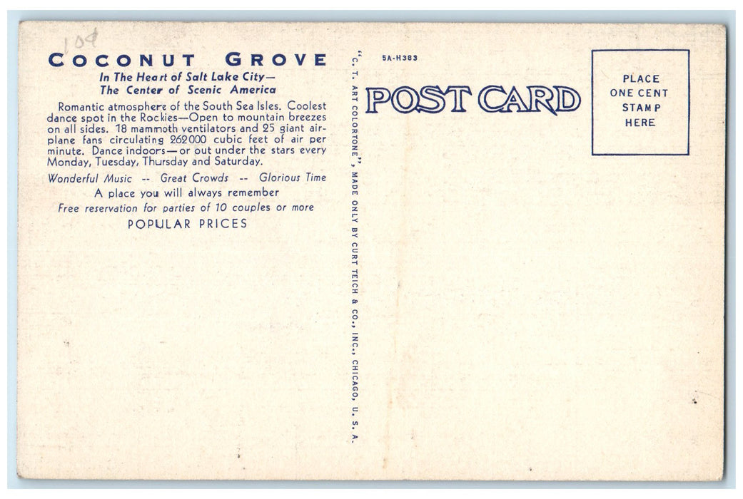 c1940s Coconut Grove Exterior Roadside Salt Lake City Utah UT Unposted Postcard