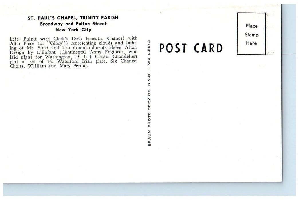 c1960s St. Paul's Chapel Trinity Parish Interior Scene NYC New York NY Postcard