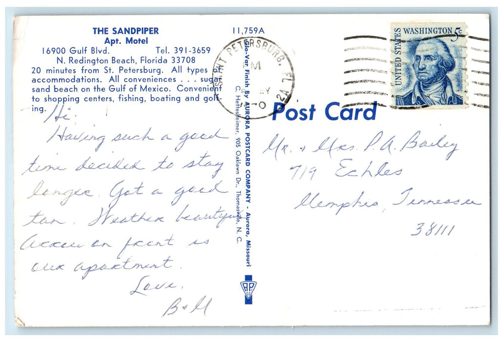 1970 The Sandpiper Apartment Motel North Redington Beach Florida FL Postcard