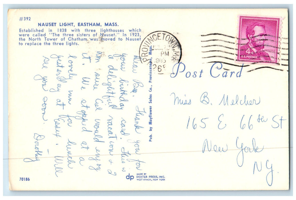 1965 Nauset Light Lighthouse Eastham Massachusetts MA Posted Vintage Postcard