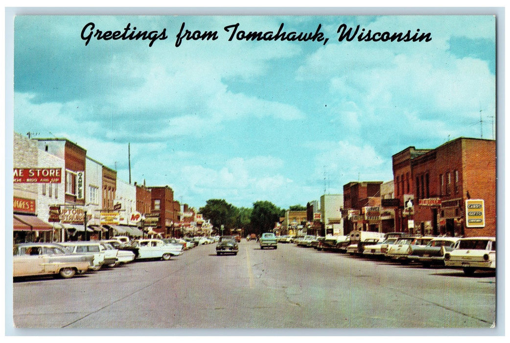 c1960's Greetings From Tomahawk Downtown Business District Wisconsin WI Postcard