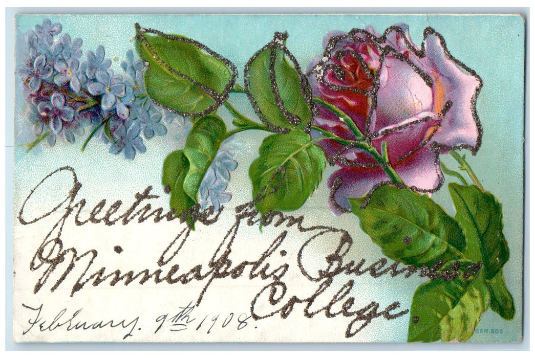 c1910s Greetings From Minneapolis MN Business College Embossed Flower Postcard