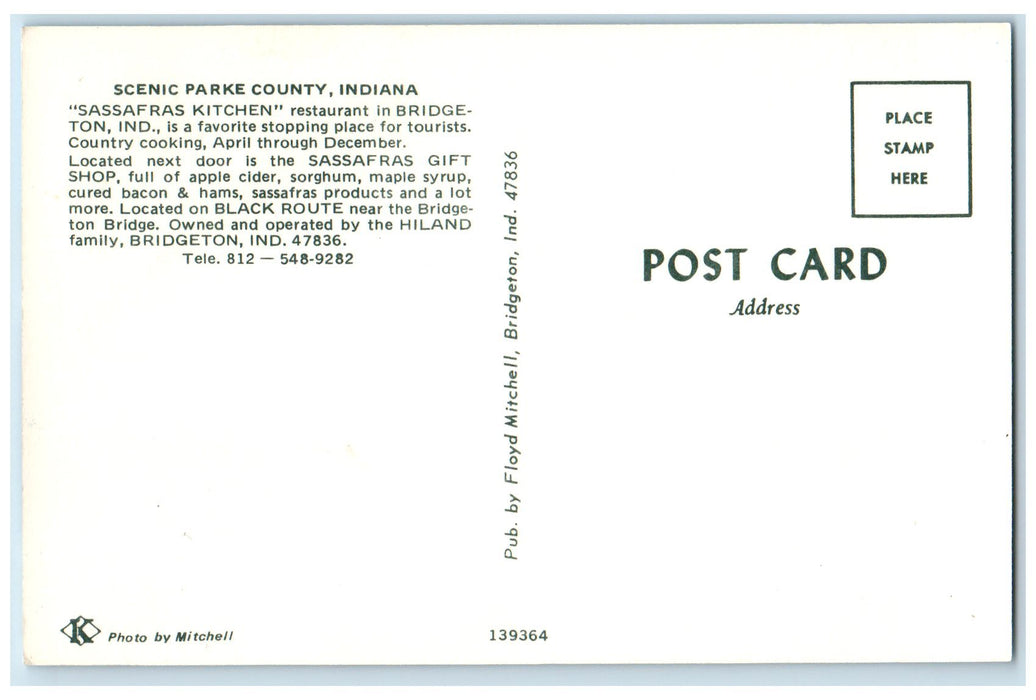 c1960s Sassafras Kitchen Parke County Indiana IN Unposted Vintage Postcard