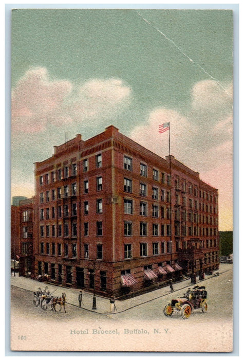 1908 Hotel Broezel Building Restaurant Carriage Classic Car Buffalo NY Postcard